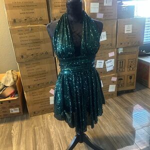 Lucy in the Sky Teal Sequin Backless Dress